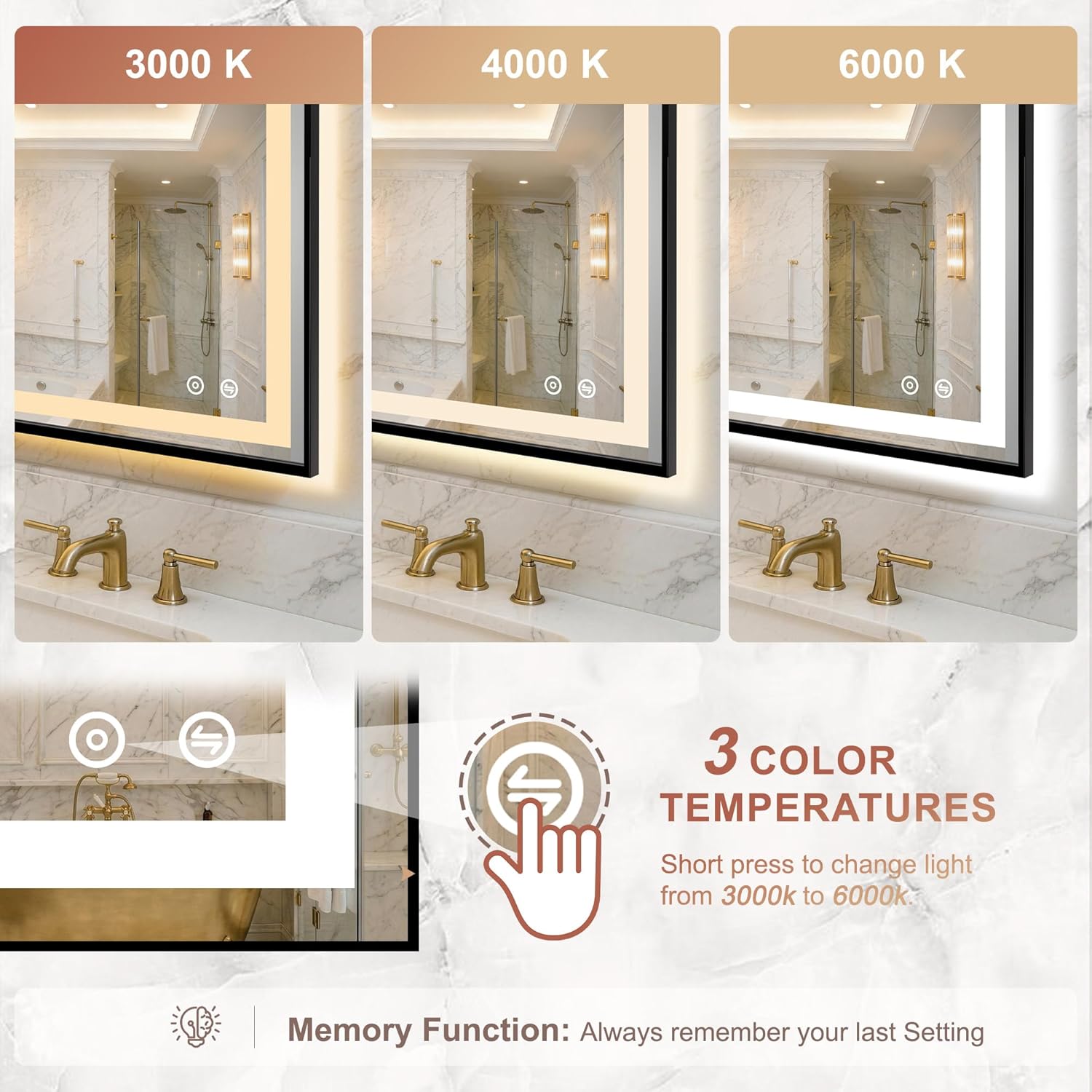 LED Bathroom Mirror with Lights, 30"x40" Black Framed Lighted Vanity Mirror | Anti-Fog, Dimmable 3 Color Temperature