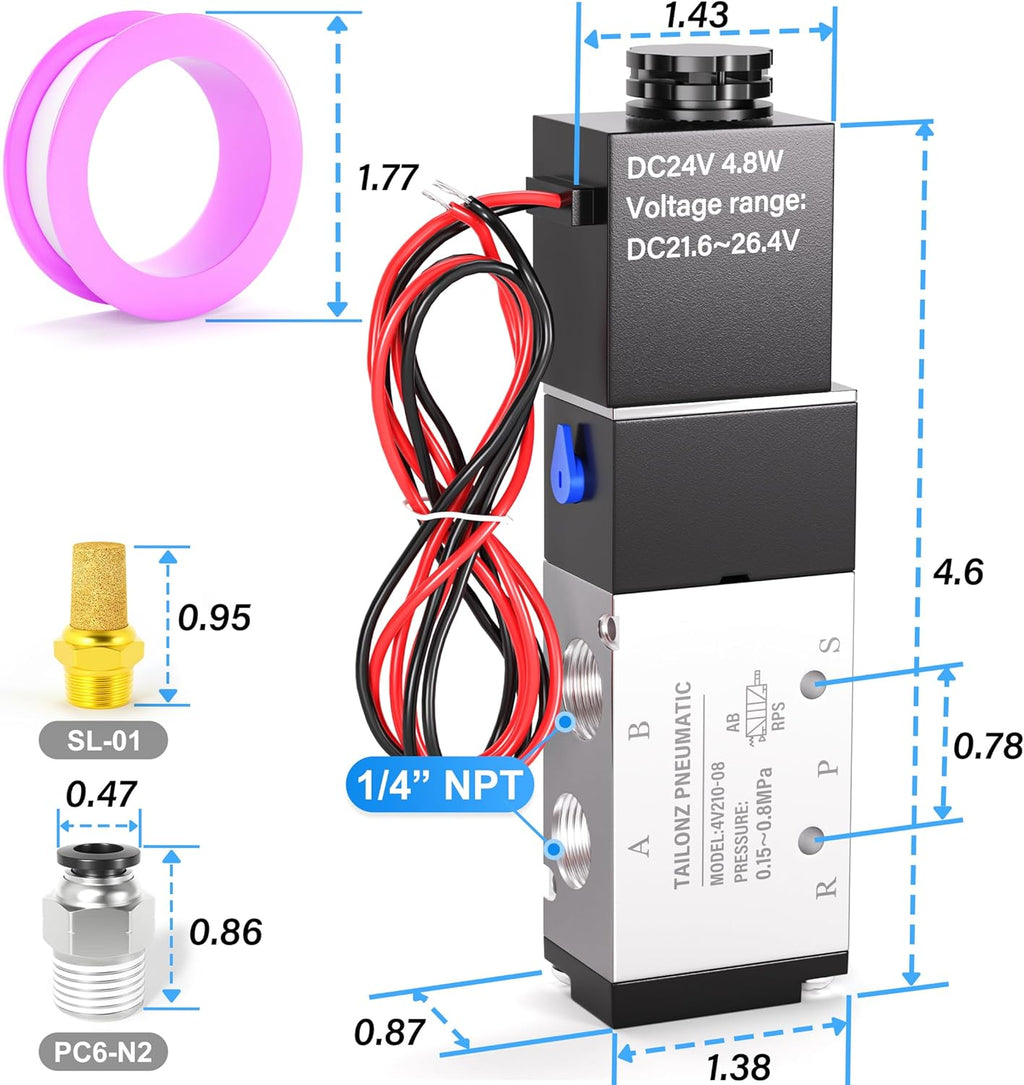 TAILONZ 1/4"NPT DC24V Solenoid Valve 2Position 5Way Outlet wire 4V210-08