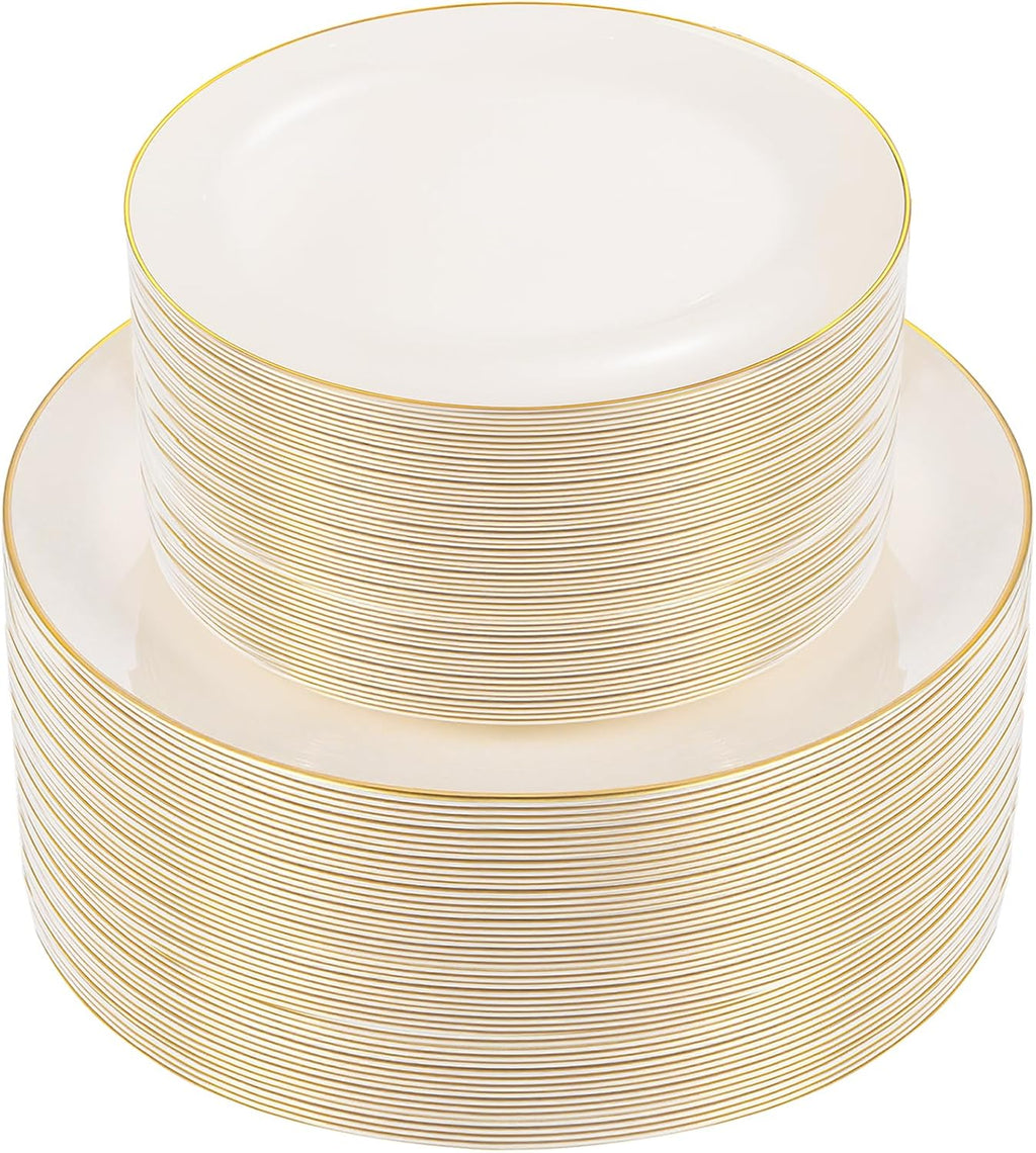 100PCS Ivory Plastic Plates - Cream Plastic Disposable Heavy Duty for Party & Wedding - Include 50 Each (Dinner &