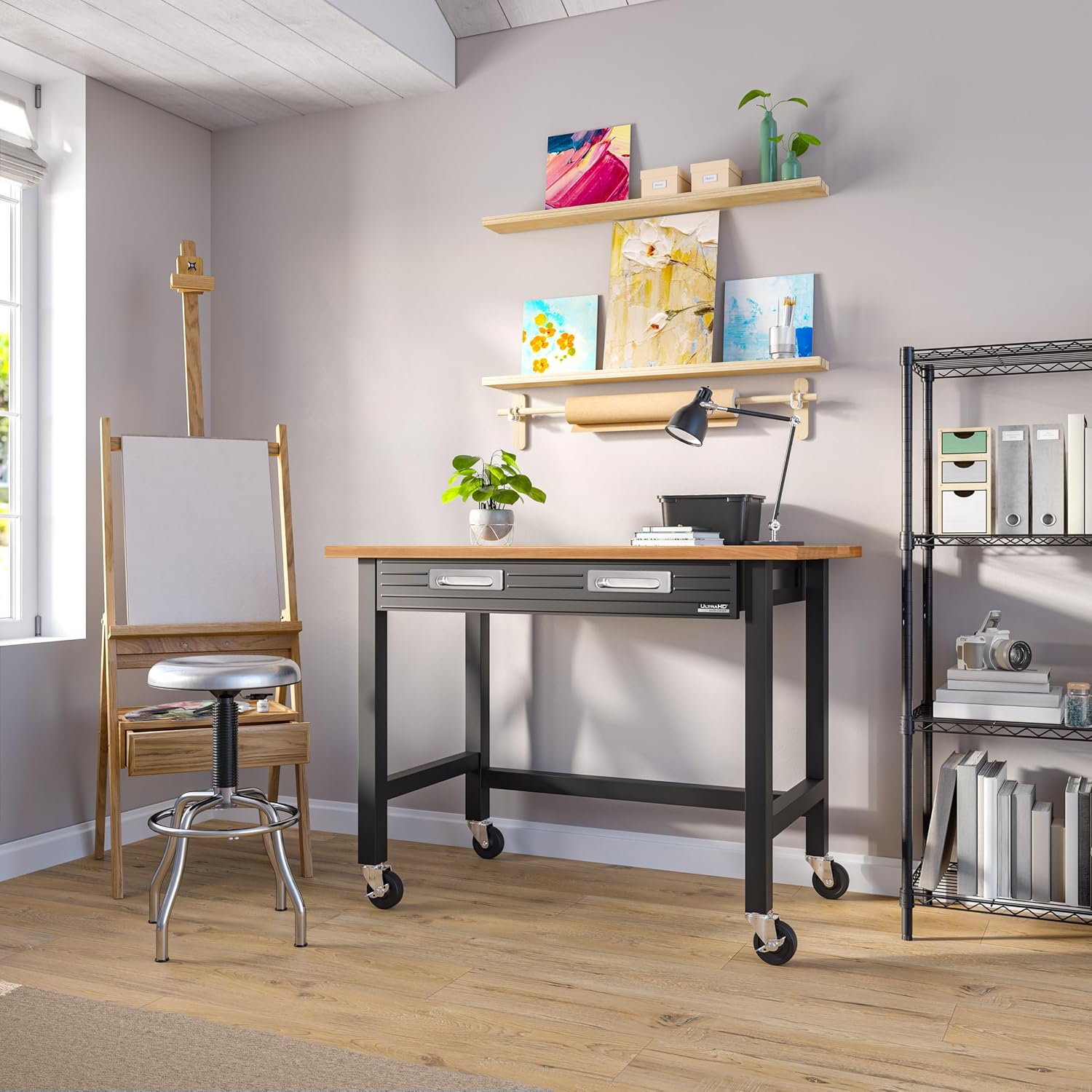 UltraGraphite Wood Top Workbench on Wheels with Sliding Organizer Drawer Table, 48", Graphite
