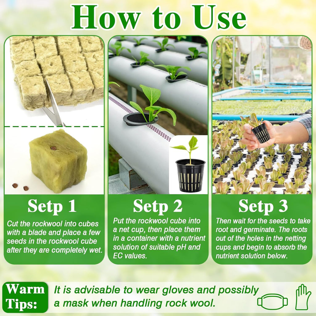 36PCS 1.2" Rockwool Cubes & 30PCS 2" Net Cups for Hydroponics | Rockwool Garden Starter Plugs, Hydroponics Kit for