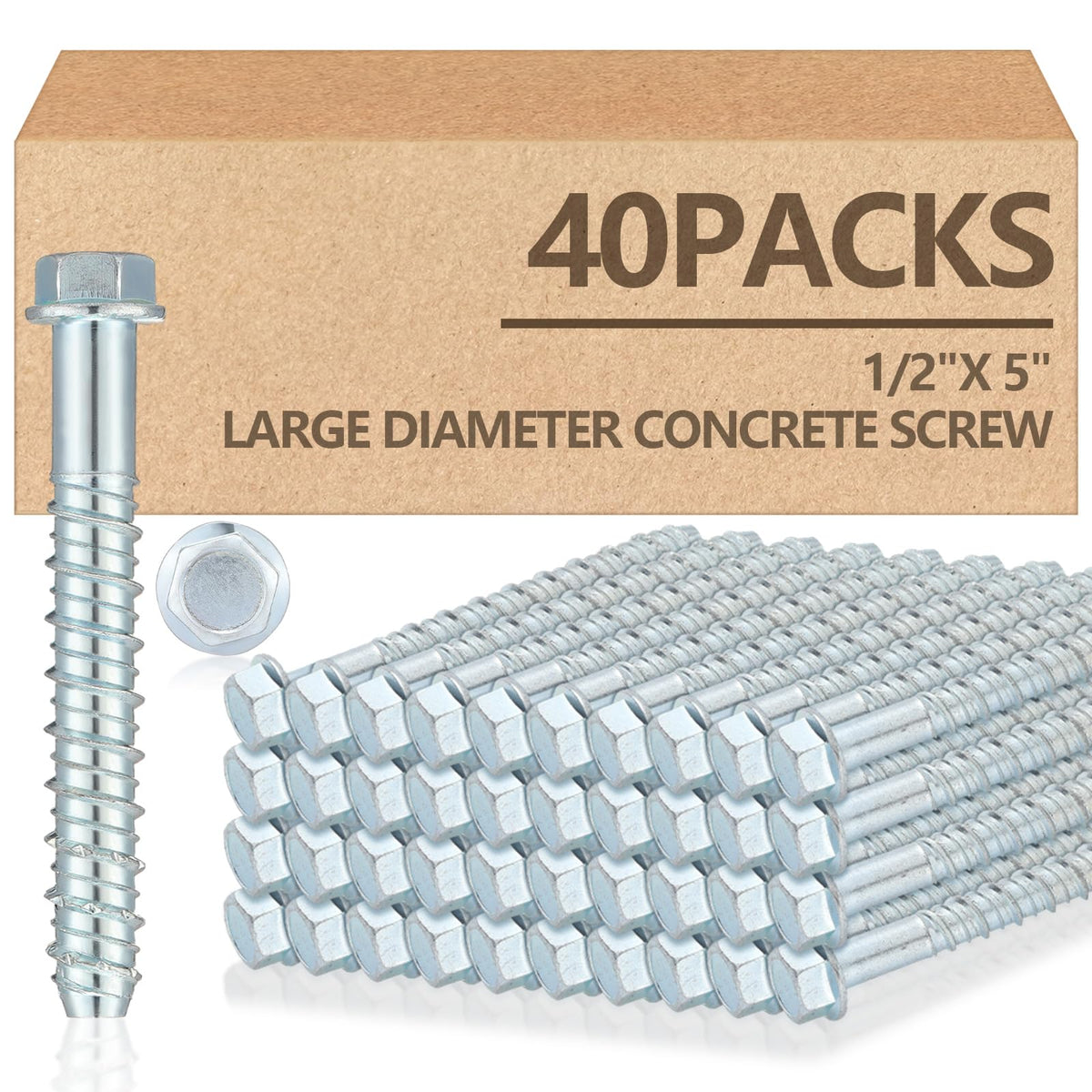 40 Pack 1/2" X 5" Concrete Anchors and Screw Kits Galvanized