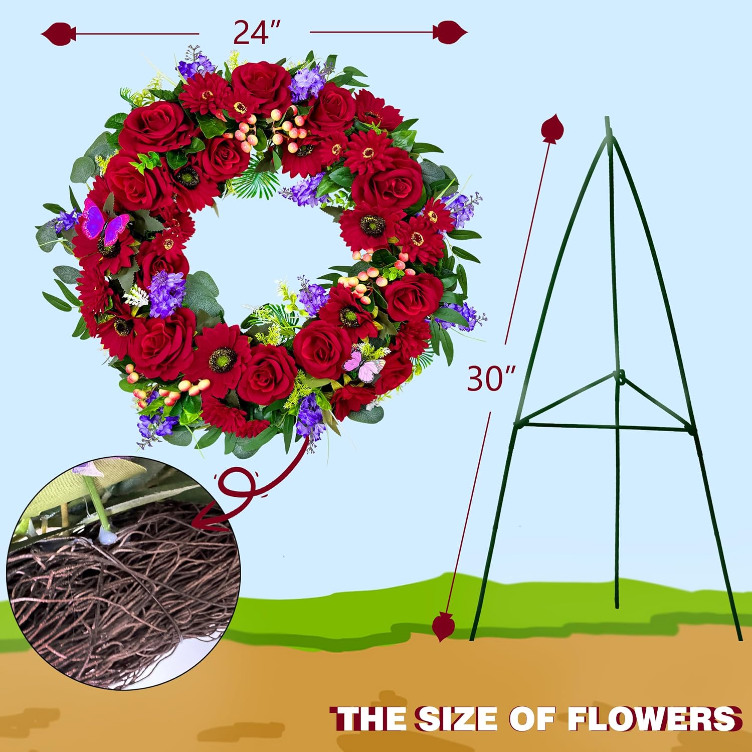 Cemetery Wreath for Grave, Red Roses Memorial Wreath with 30 Inch Easeal Stand, Fade-Resistant