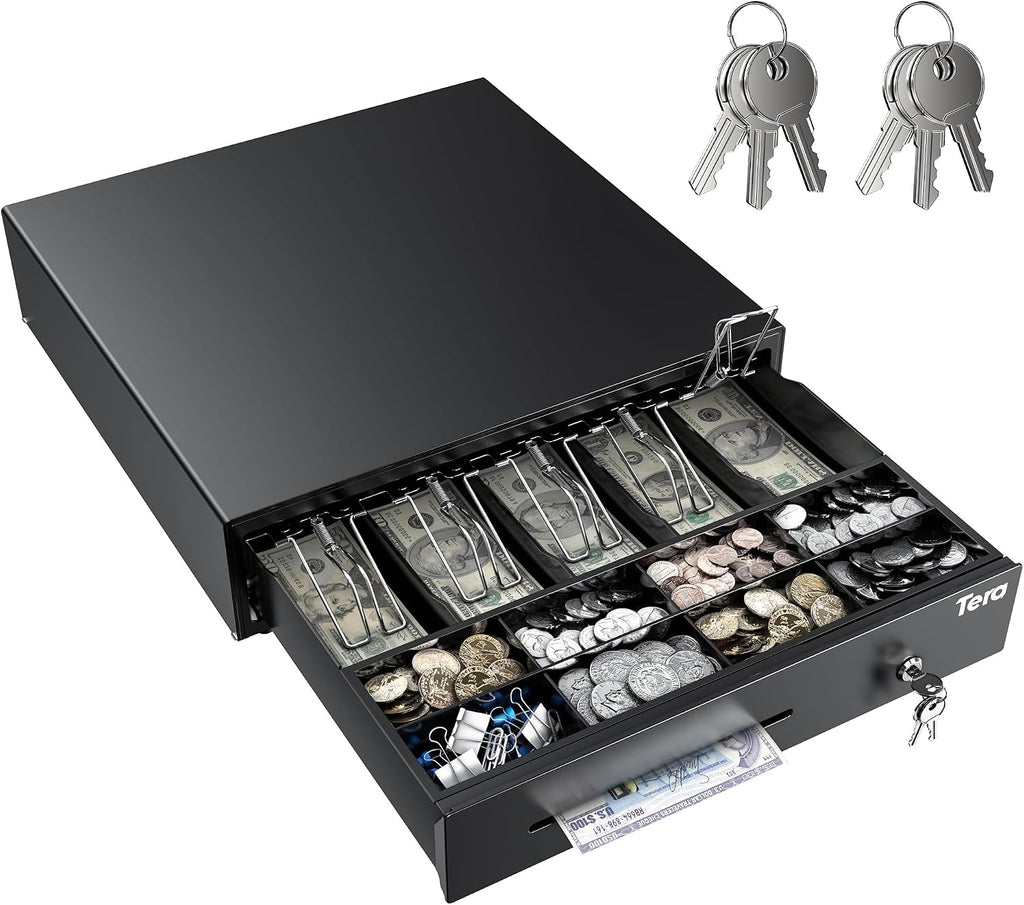 Cash Register Drawer 16 inch: 5 Bill 8 Coin Media Slot for POS, 415A | RJ-12 Interface, Auto & Manual Open, Removable