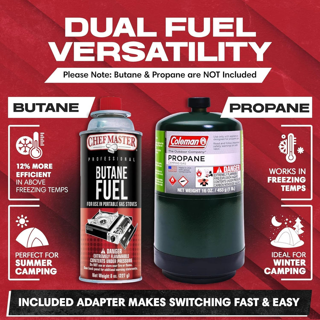 Grill Boss Dual Fuel Camp Stove - 12,000 BTU Butane & Propane Portable Stoves for Camping, Emergencies, BBQ, Hiking &