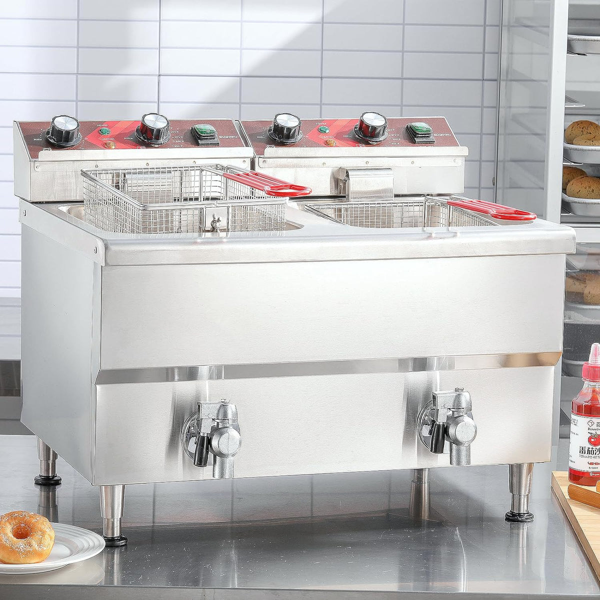 Commercial Fryer Stainless Steel Electric Deep Fryer with Oil Filtration and Timer 24L Large Capacity Dual Tank Fryer