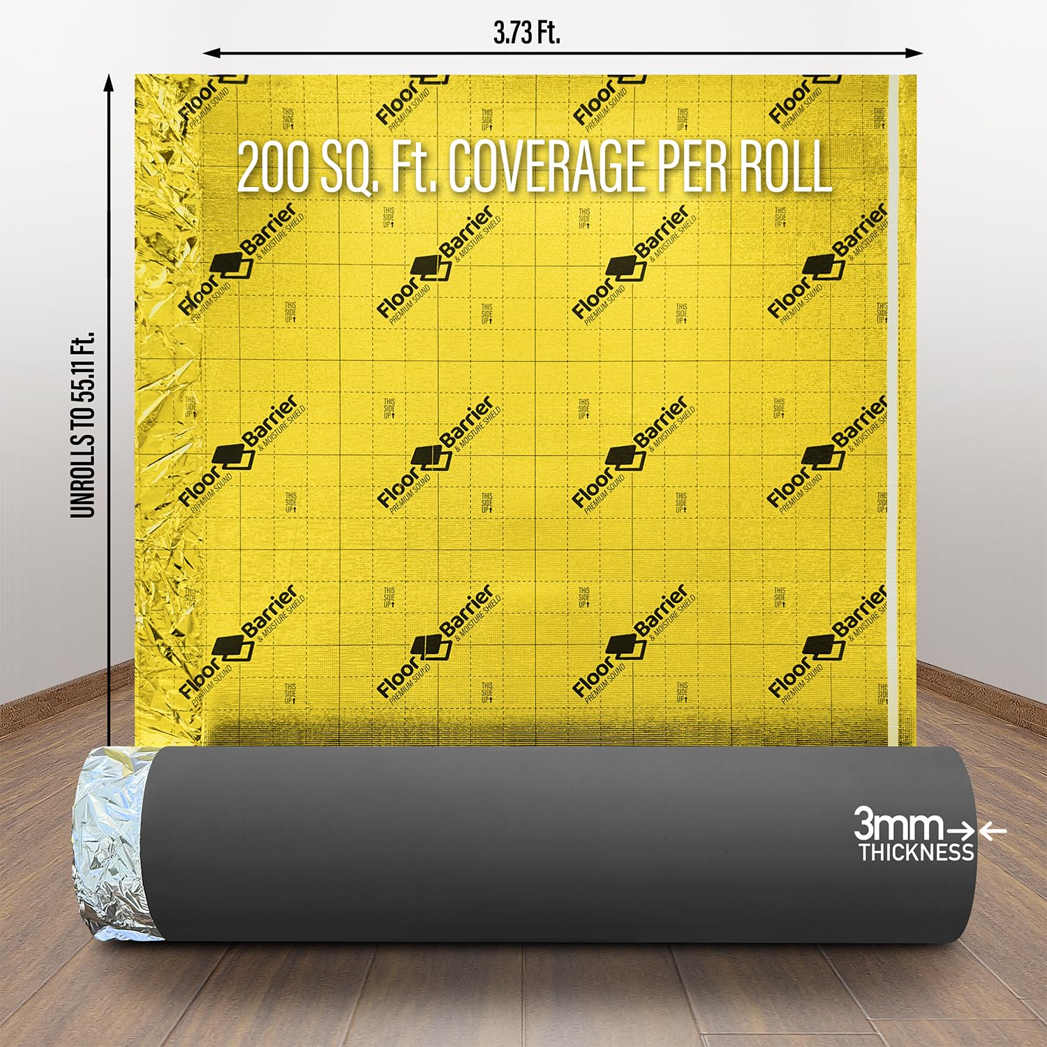 Premium Floor Underlayment with Moisture Barrier – 200 sq ft Roll, 3mm Thick – Quiets Foot Traffic Noise, Under Floor