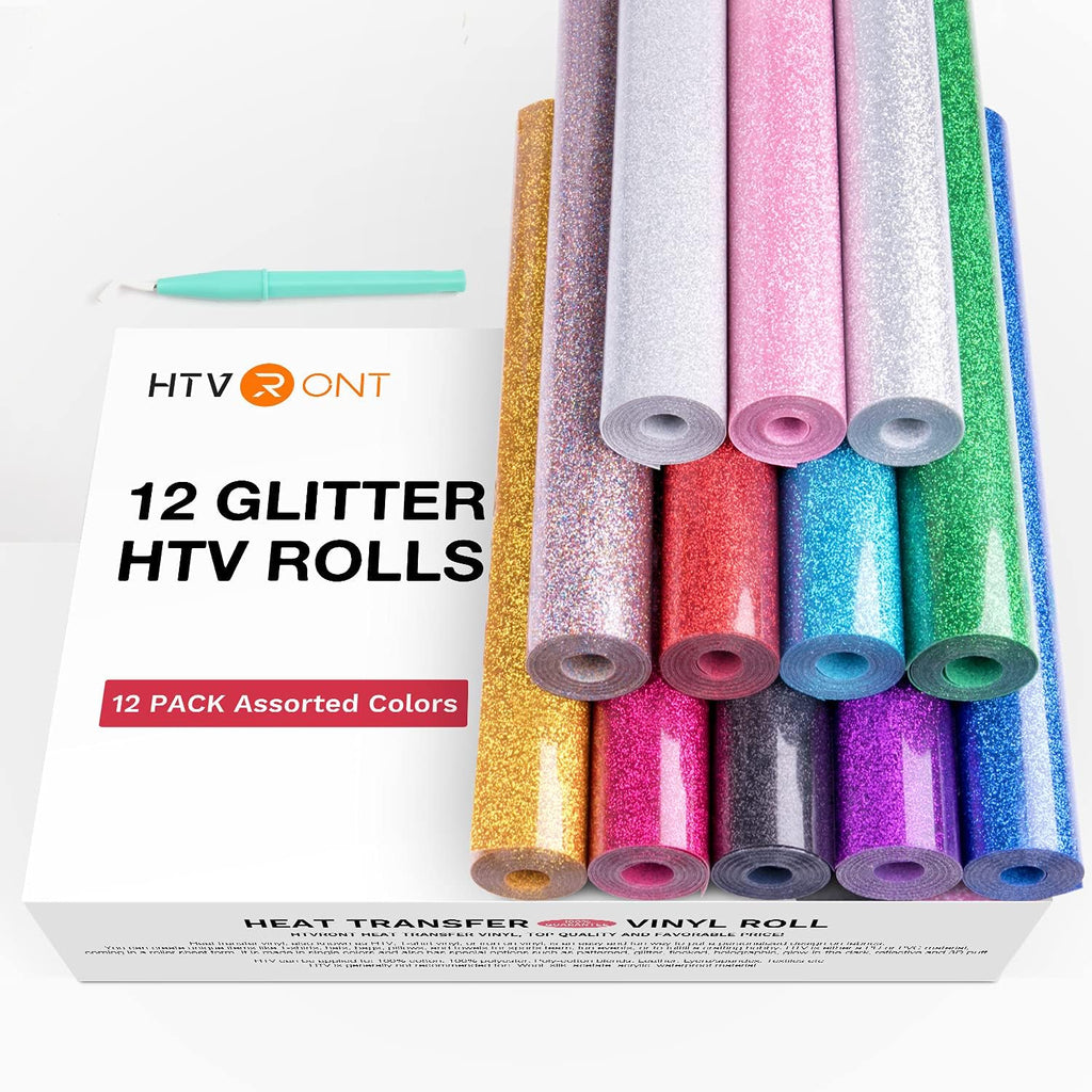 Glitter HTV Heat Transfer Vinyl Bundle, 10" x 5FT, 12 Rolls | Glitter Iron on Vinyl, Easy to Cut Iron on Vinyl for
