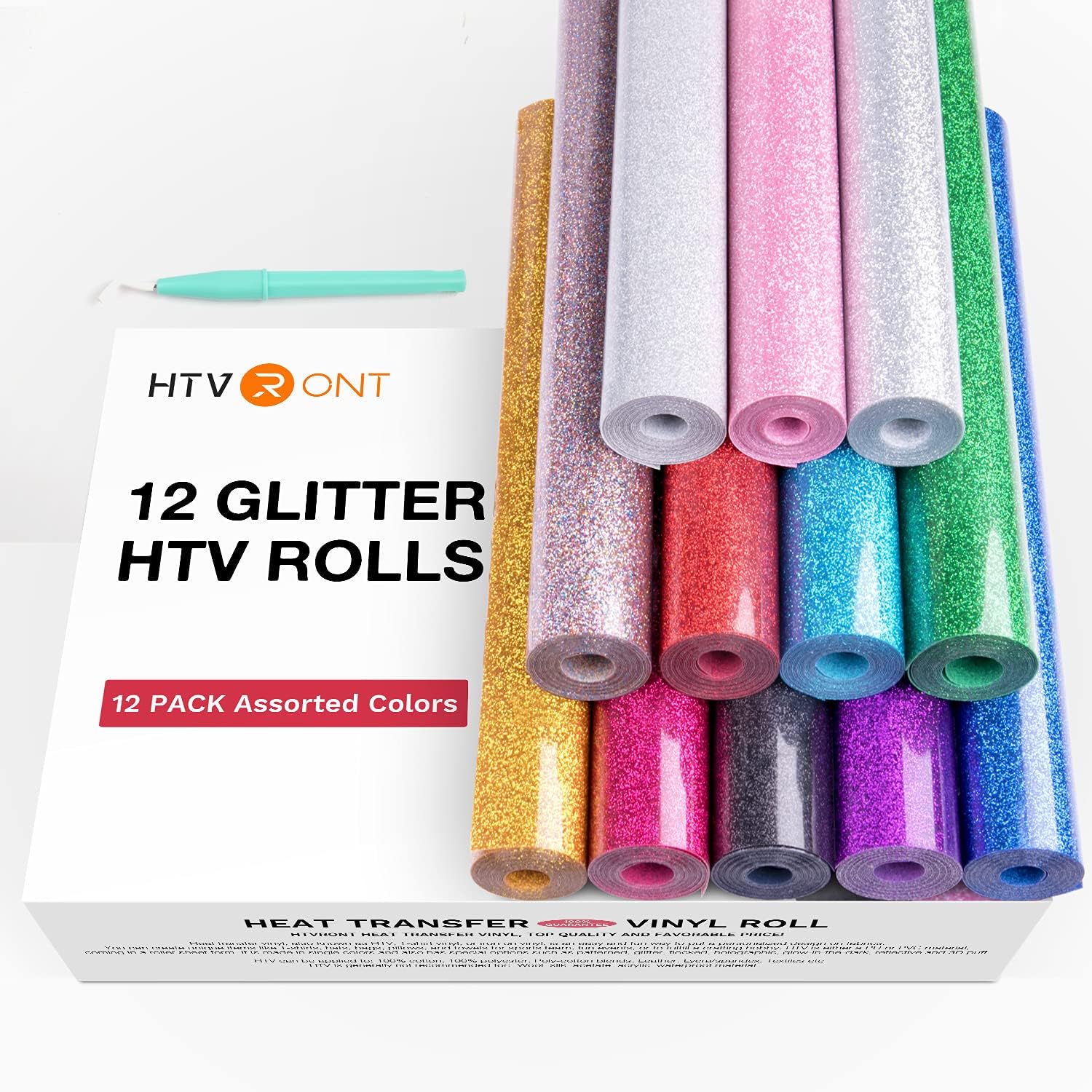Glitter HTV Heat Transfer Vinyl Bundle, 10" x 5FT, 12 Rolls | Glitter Iron on Vinyl, Easy to Cut Iron on Vinyl for