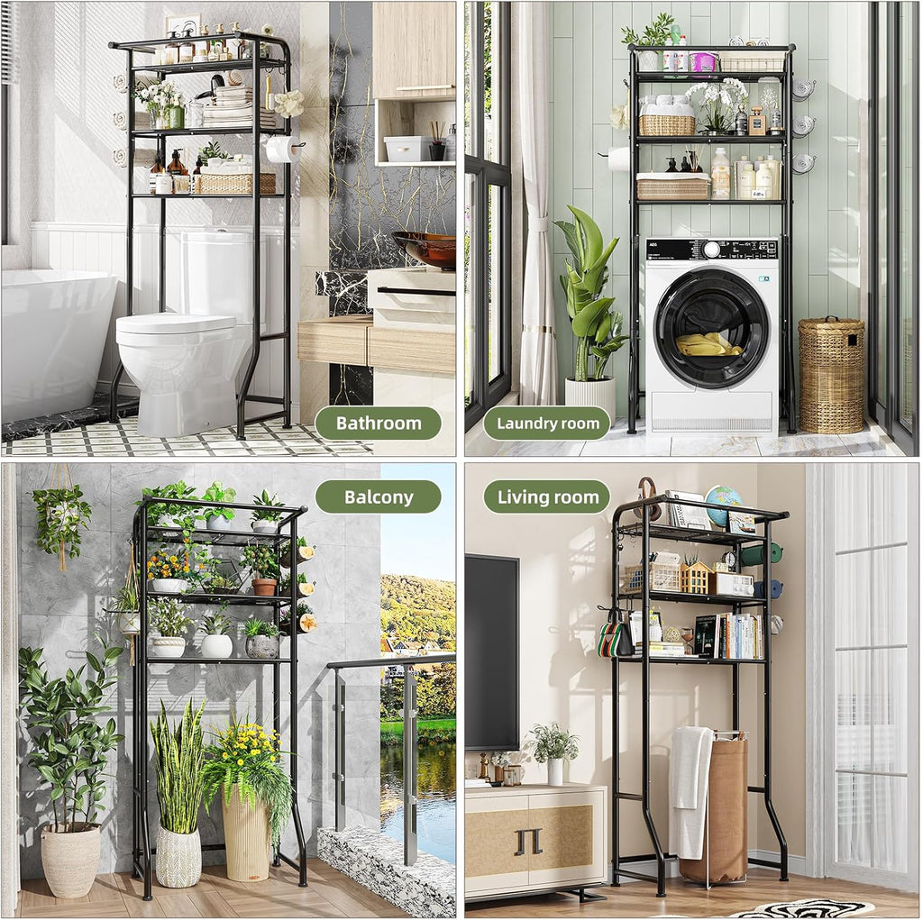 Over The Toilet Storage Cabinet, Metal Bathroom Shelf Organizer with Paper Holder and Hooks, 3 Tier, Black