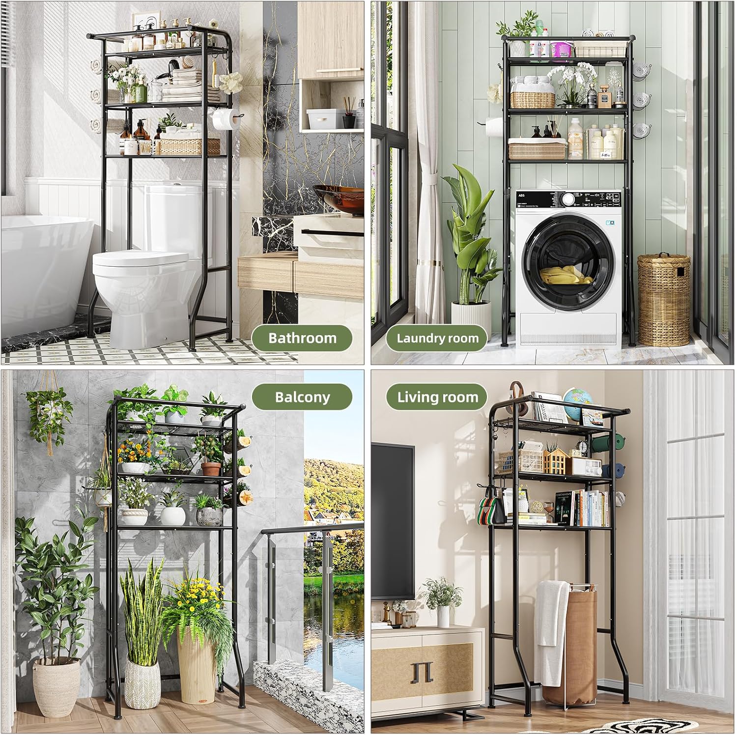 Over The Toilet Storage Cabinet, Metal Bathroom Shelf Organizer with Paper Holder and Hooks, 3 Tier, Black
