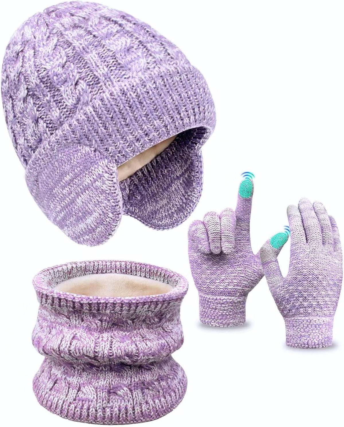 Kids Winter Hat Gloves Scarf Set,Toddler Girls Boys Beanie Hat with Earflaps,Knit Mittens & Neck Gaiter Warmer for