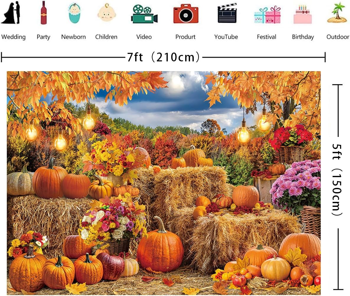Autumn Harvest Banner Backdrop 7x5FT Fall Farm Pumpkin Hay Bale Photography Background Thanksgiving Maple Leaves