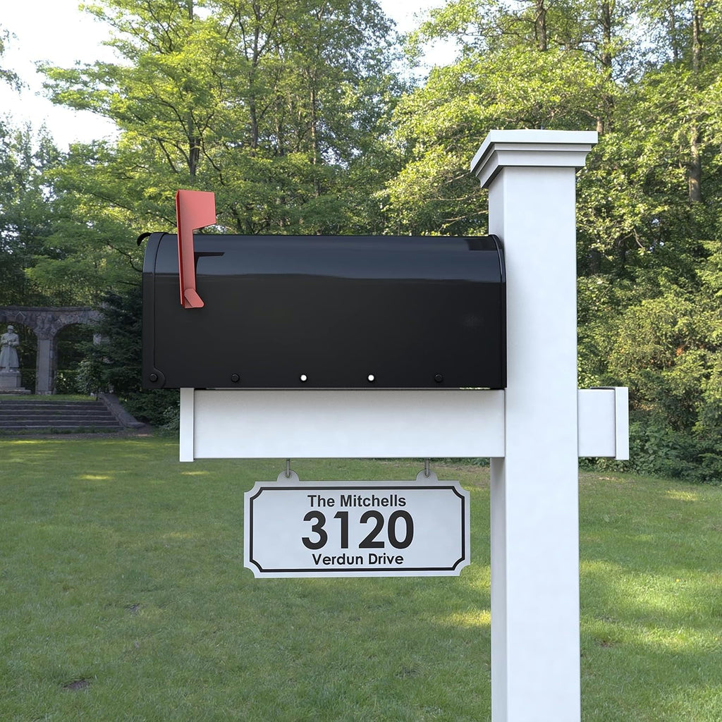 White Vinyl Mailbox Post System with Black Steel Mailbox | Includes a heavy-duty steel mailbox and a white custom