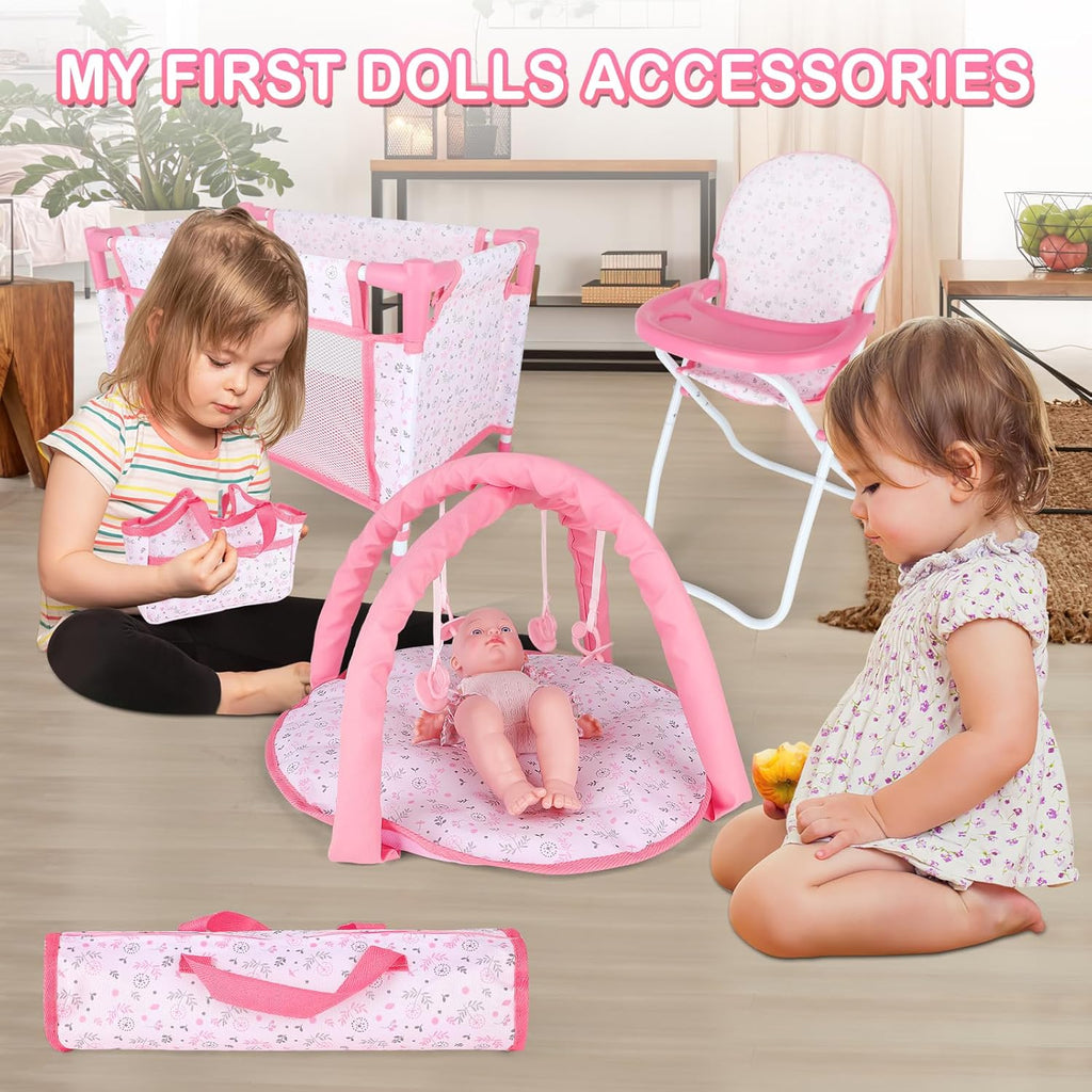 Baby Doll Accessories12-14 Doll Playset with High Chair Crib Bed Play Mat Storage Bag Handbag - 6 in 1 Pink Dolls