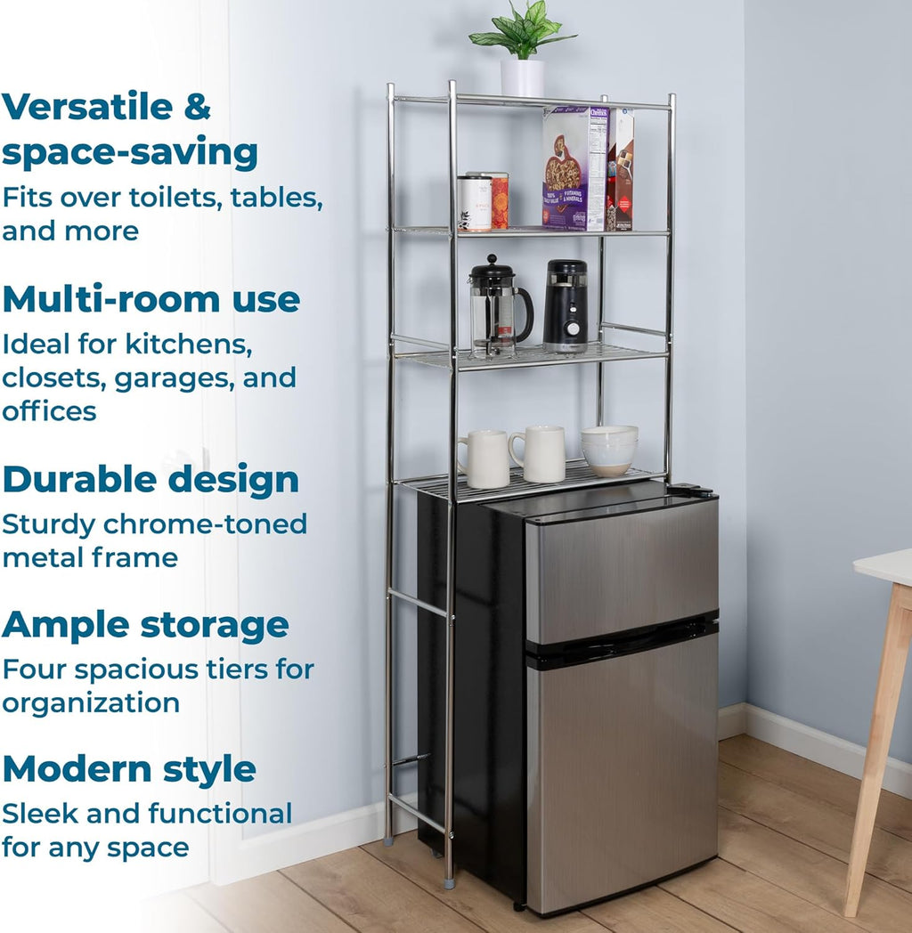 4-Tier Over-The-Toilet Storage Shelf - Space-Saving Steel Bathroom Restroom Organizer with Neutral Chrome Finish