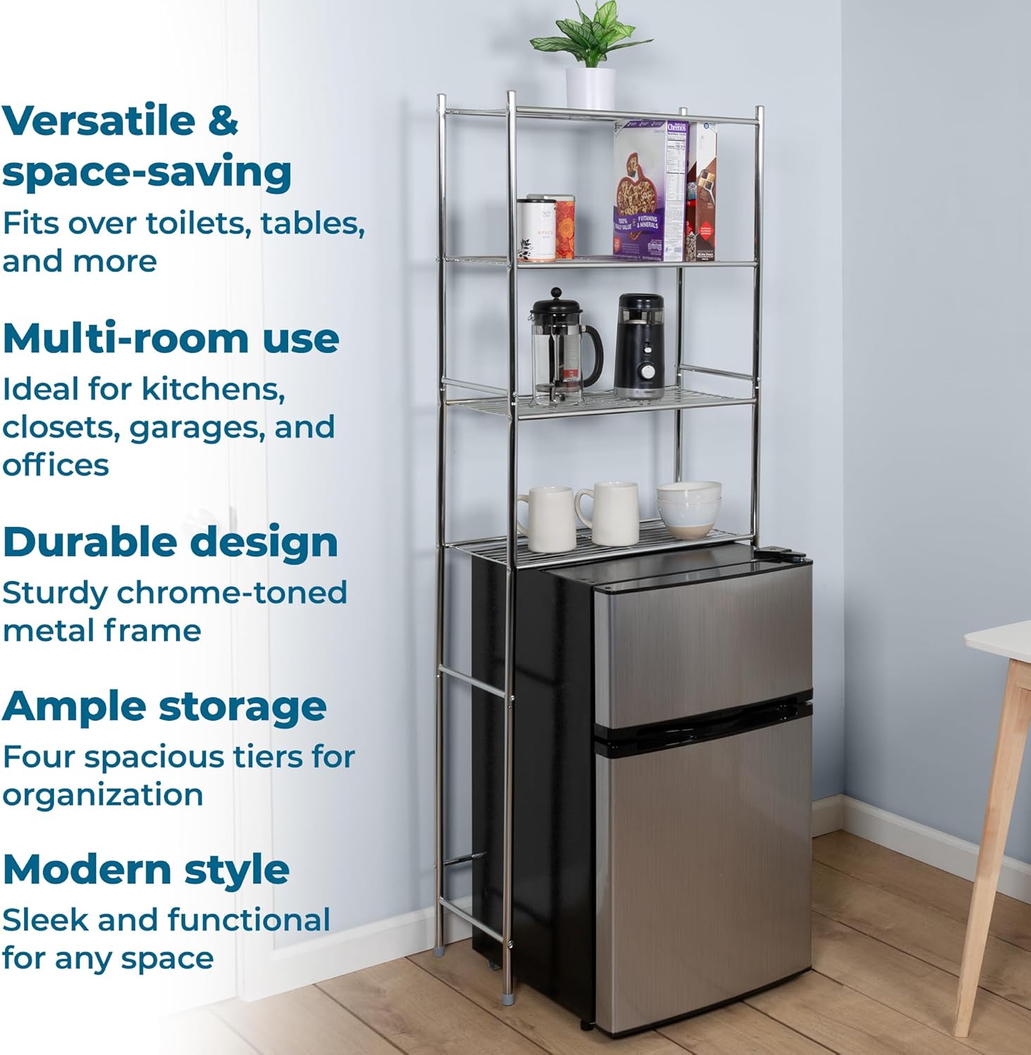 4-Tier Over-The-Toilet Storage Shelf - Space-Saving Steel Bathroom Restroom Organizer with Neutral Chrome Finish