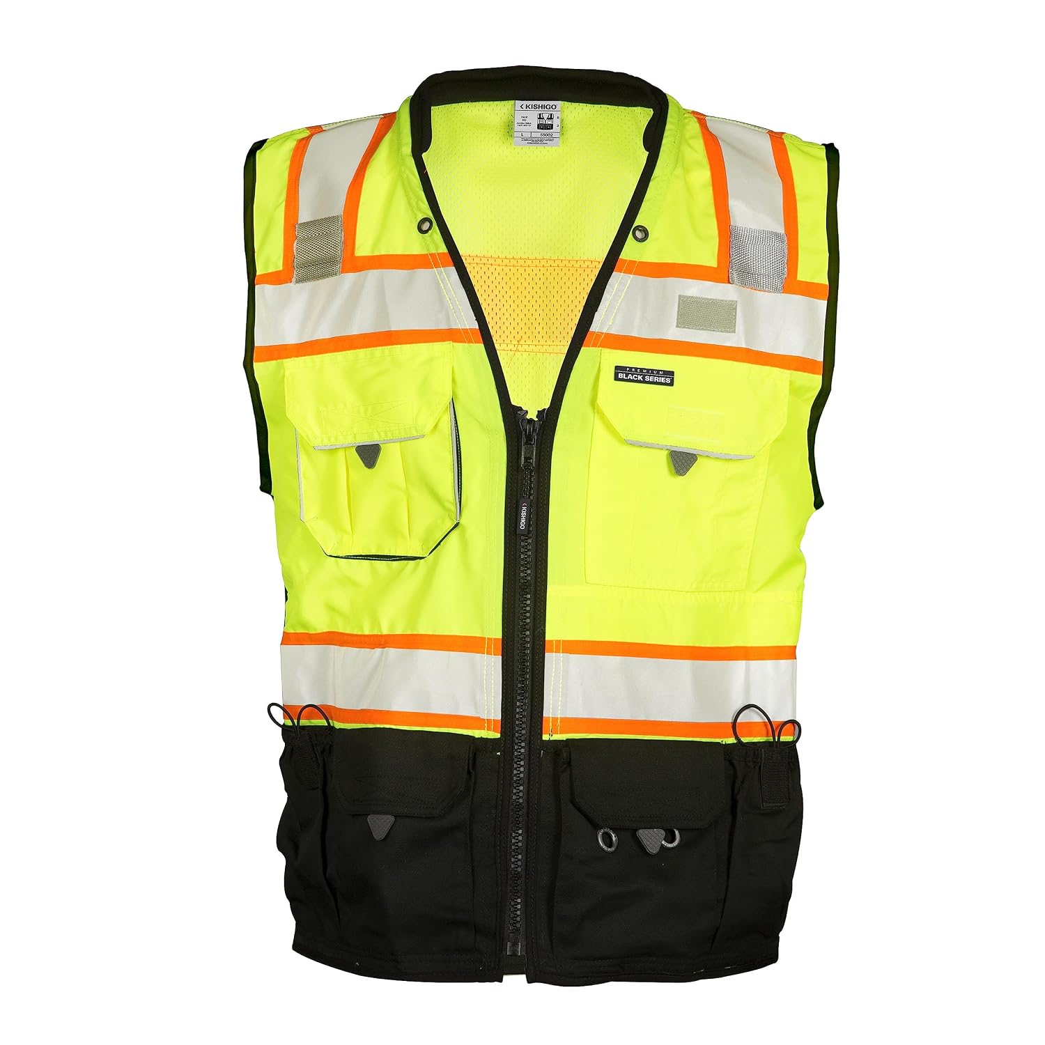 Premium Black Series Men's Surveyors Vest S5002, Class 2 Hi-Vis Safety Vest, 10 Pockets with Reinforced Front Zipper