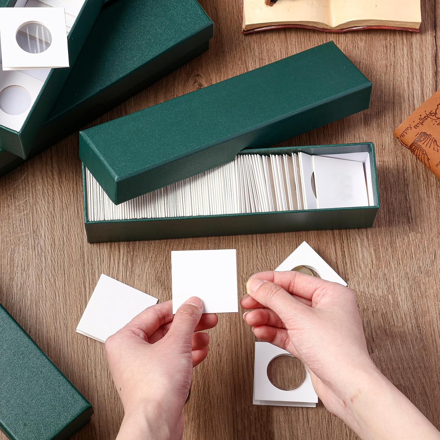4 Pcs Coin Storage Box 2x2 Inch Flip Collectors Holders, Dark Green | Cardboard Holders for Coin Collection, Fits