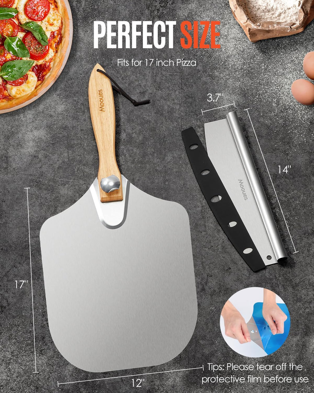 Pizza Peel Aluminum 17 inch Pizza Spatula with Rocker Cutter