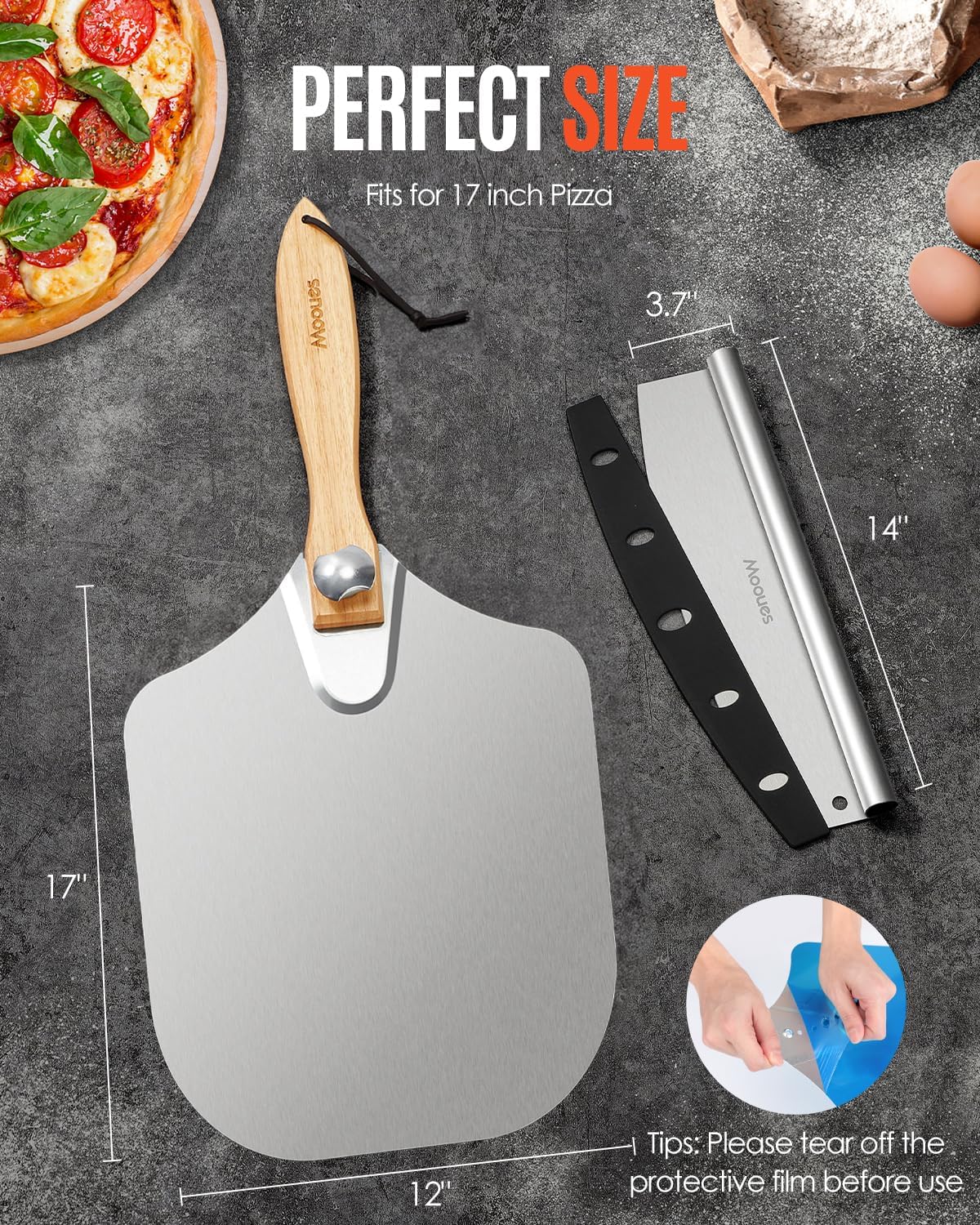 Pizza Peel Aluminum 17 inch Pizza Spatula with Rocker Cutter