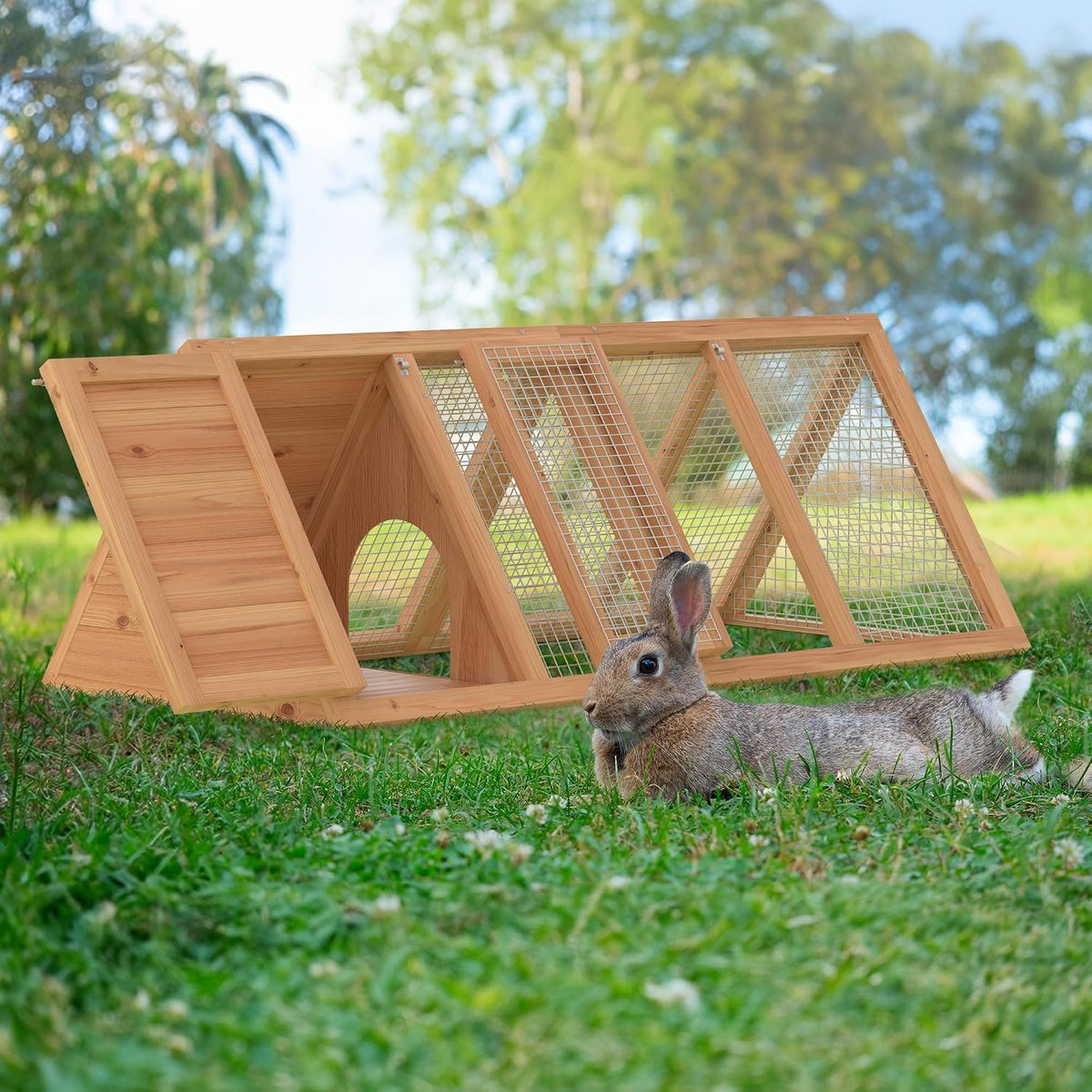 Rabbit Hutch, Small A-Frame Chicken Coop Outdoor w/ 2 Door & Run Cage(Wood)
