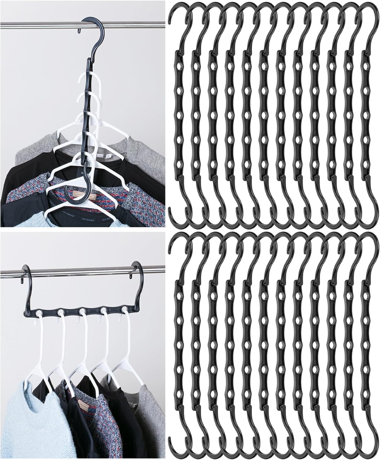 Space Saving Hangers for Clothes, 24 pcs, 5 Slots, Bulk Plastic, Collapsible Hangers with 360° Swivel Hook, Hanger
