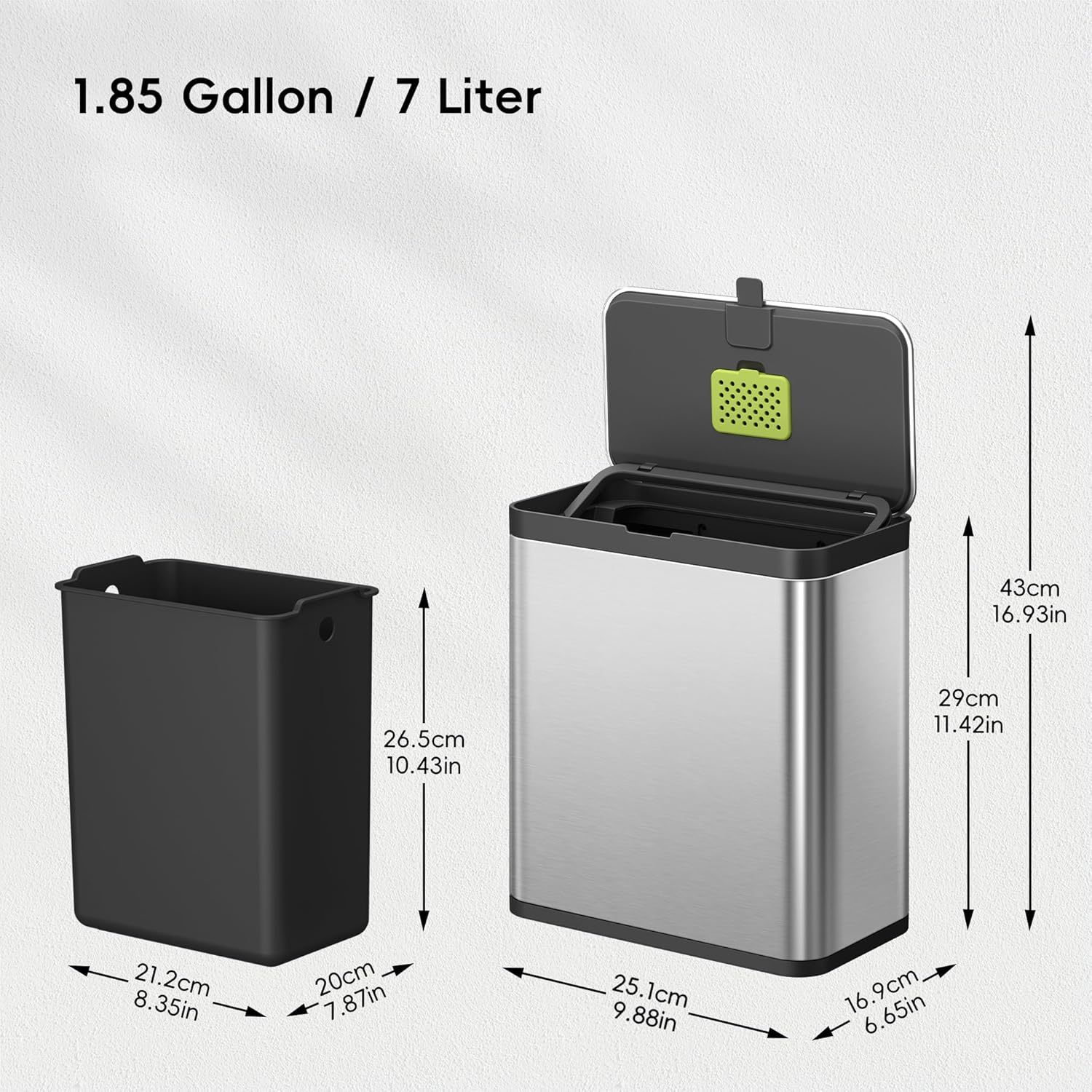 Kitchen Compost Bin, 7L / 1.85 Gal Stainless Steel with Removable Inner Bucket and Deodorizer Compartment, 2-in-1