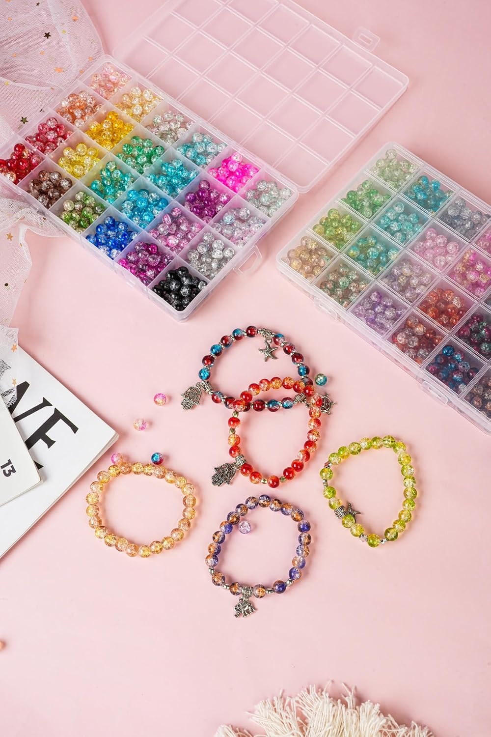 1300PCS 8mm Mixed Crackle Glass Beads for Bracelets Making with Accessories, 48 Colors Crystal Glass Beads Jewelry