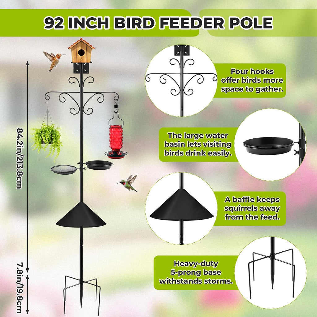 Bird Feeder Pole Stand - 92 Inch Bird Feeding Station for Outdoor Outside, Heavy Duty Adjustable Birdhouse Pole