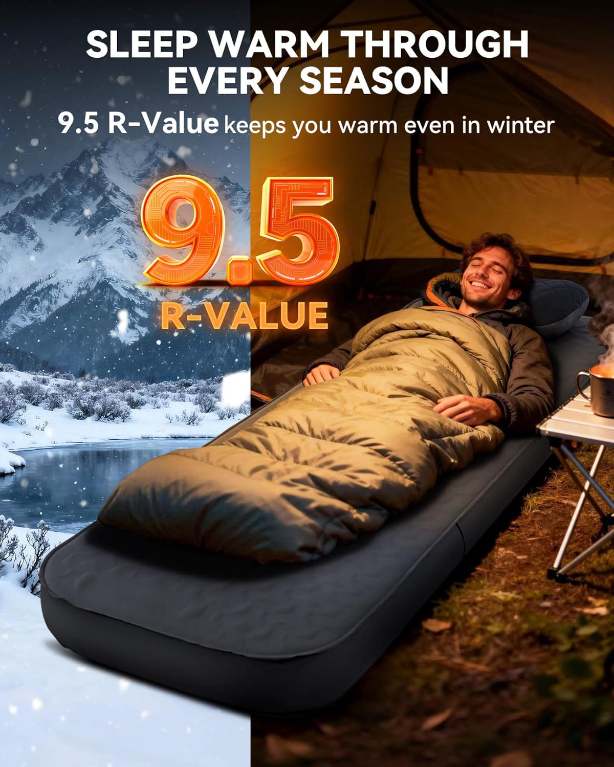 4" Thick Self Inflating Sleeping Pad, Foam & Air Camping Mattress | 9.5 R-Value Insulated Sleeping Mat for All