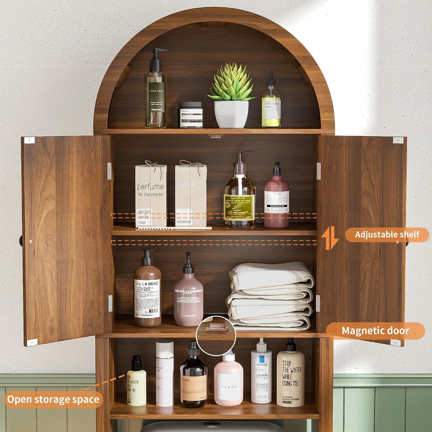 Arched Over The Toilet Storage Cabinet with Fluted Doors, 4 Tier Small Bathroom Shelf Organizer, Mid Century Modern
