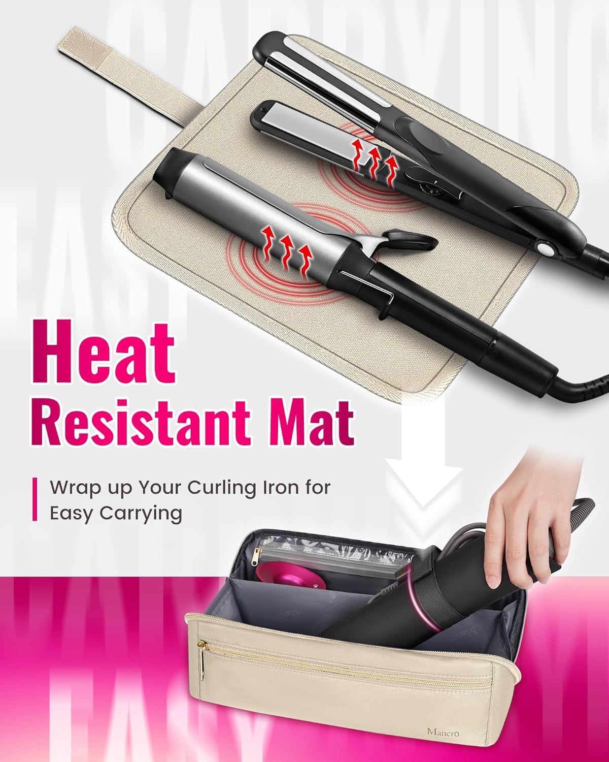 Hot Hair Tools Travel Bag with Separate Heat Resistant Mat, Large Capacity Wide-open Pouch, Hair Accessories