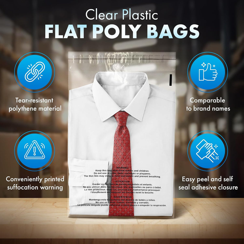 100 Count 12x15.5 Clear Poly Bags with Suffocation Warning, 1.5 Mil