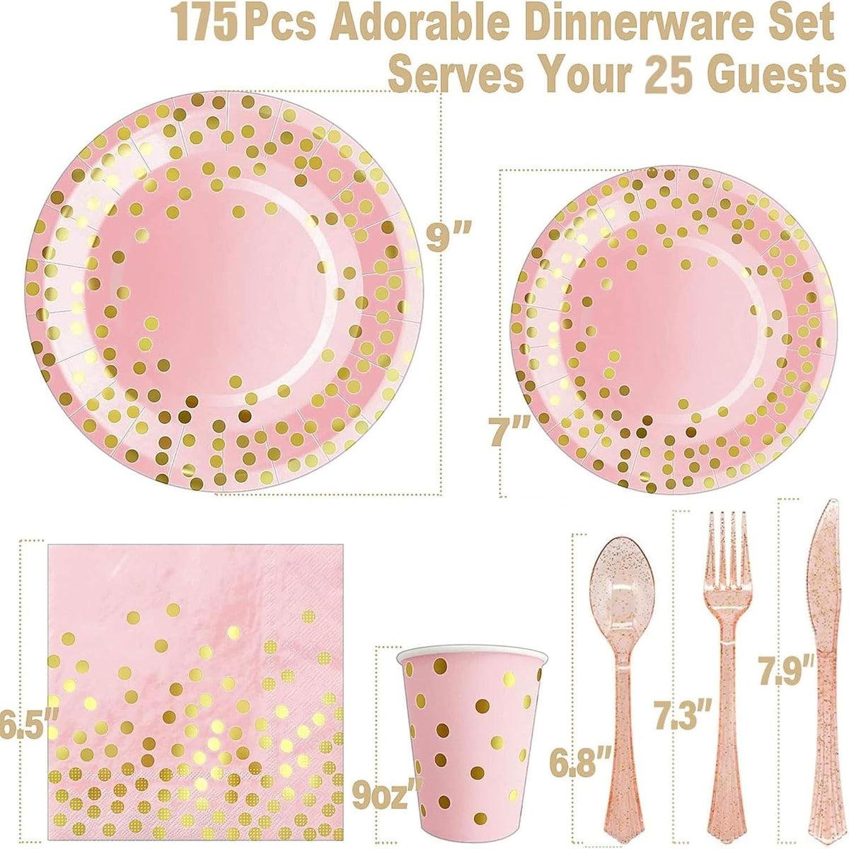 Pink Gold Paper Plates, 175PCS Disposable Dinnerware Set for 25 Guests