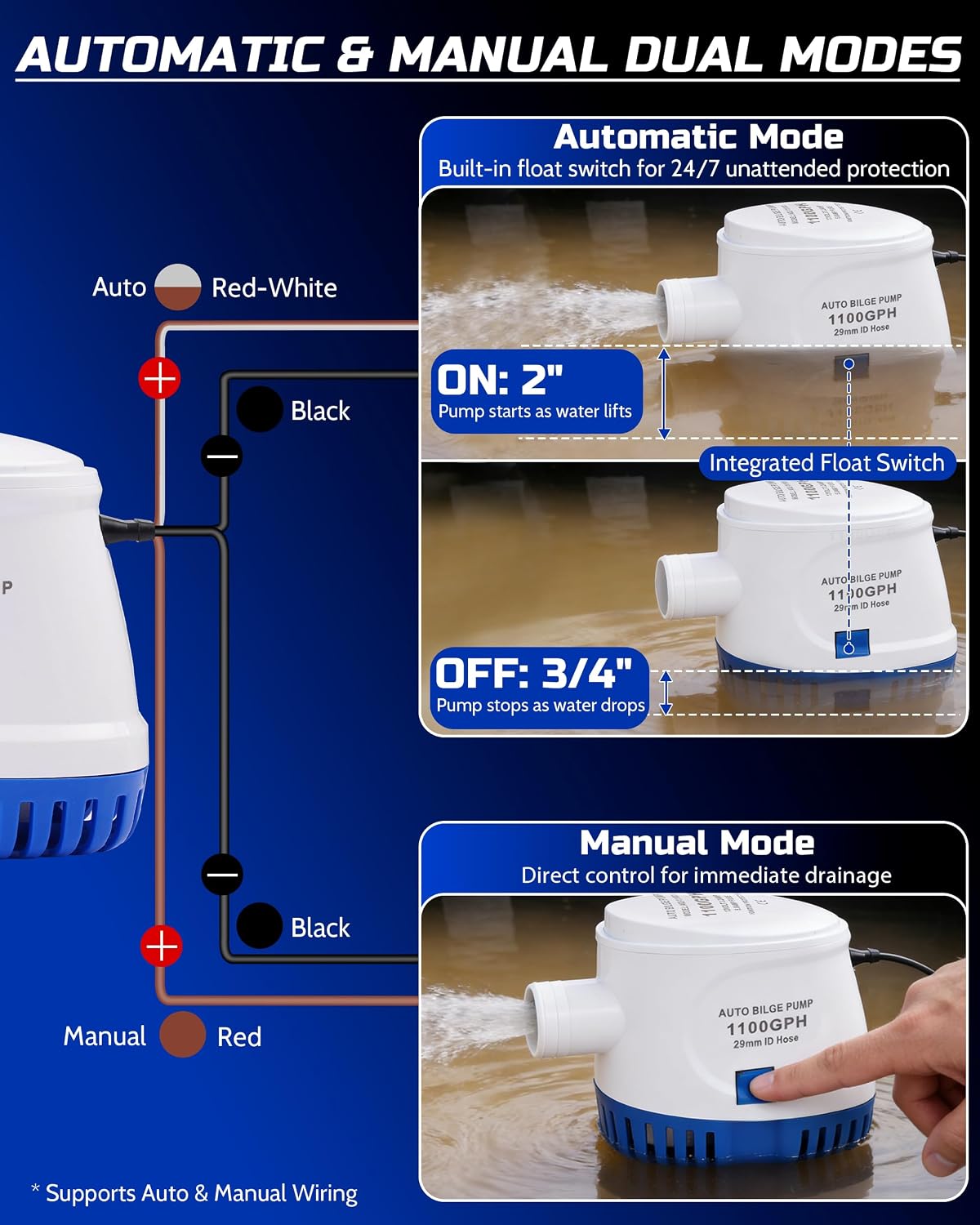 12V Automatic Boat Bilge Pump Kit, 1100GPH DC Marine Pump w/Float Switch