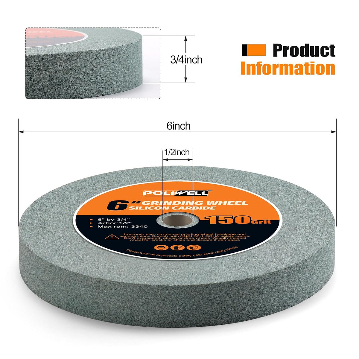 6 Inch 150 Grit Silicon Bench Grinder Wheel with 1/2'' Arbor