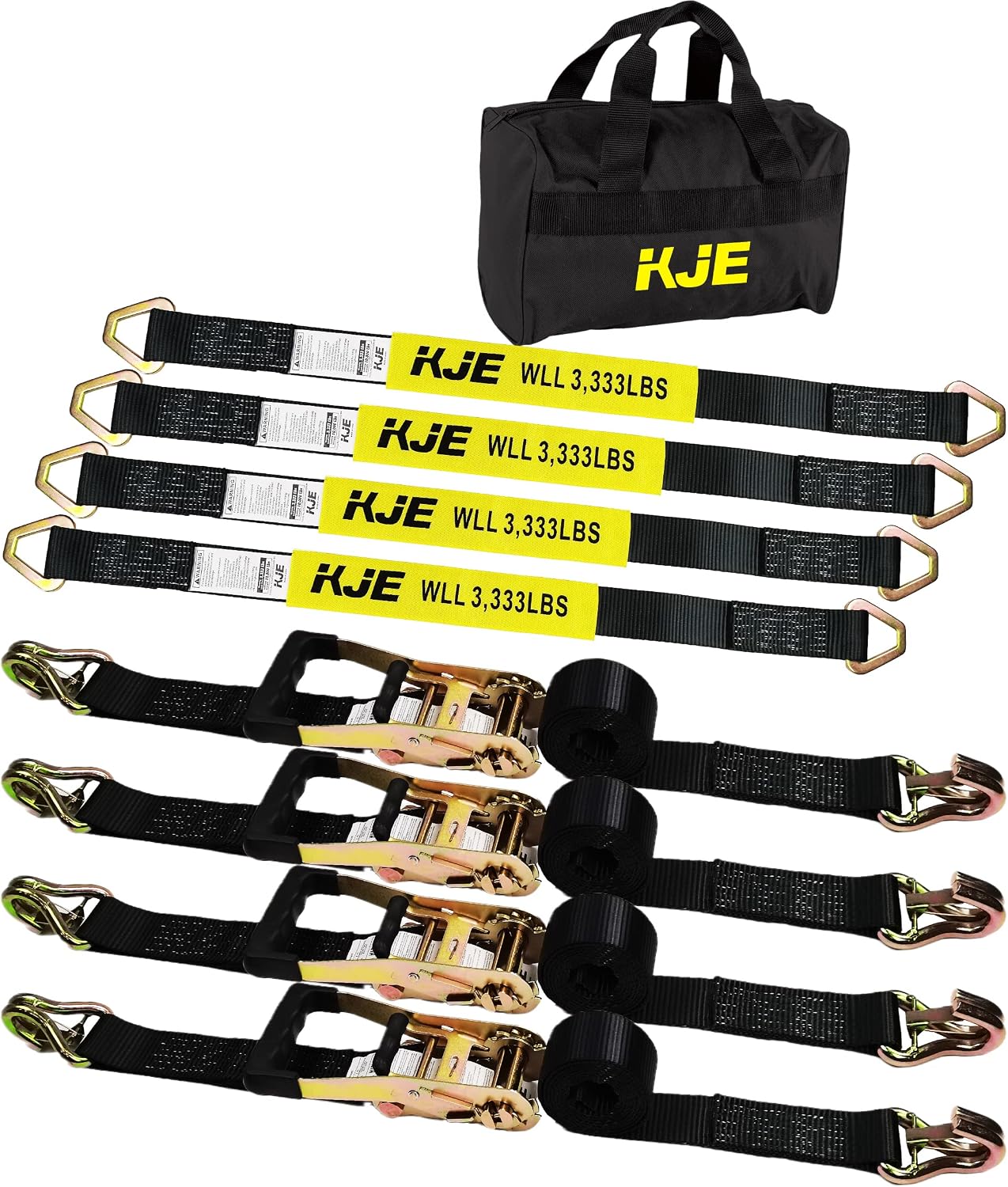 Heavy Duty Car Trailer Tie Down Straps 4 Pack Kit - 2" x 8' Ratchet Straps + J-Hooks with Clip, 2" x 36'' Axle Straps