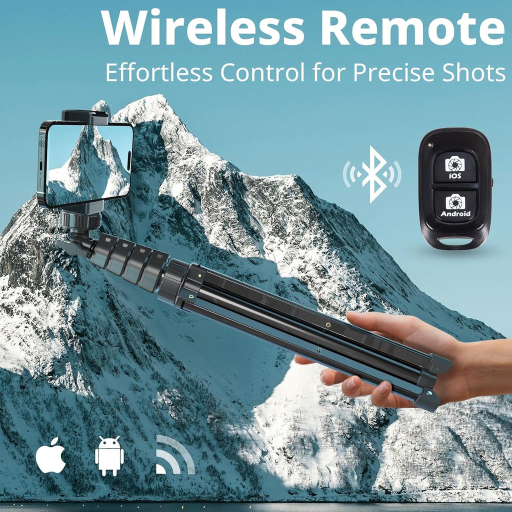 62" Phone Tripod & Selfie Stick with Wireless Remote and Phone Holder, Compatible with iPhone and Android for