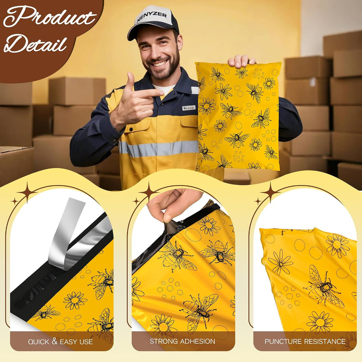 Cute Poly Mailers 10x13 Inch 100 Pcs, Bees Printed