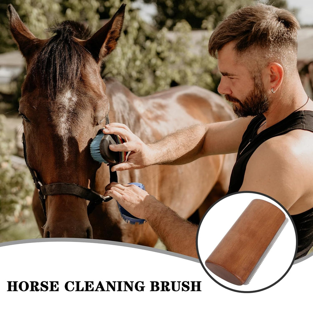 Horse Grooming Brush and Sweat Scraper Wooden Curry Comb Multi-Purpose Deshedding Tool Medium Size for Stable Use and