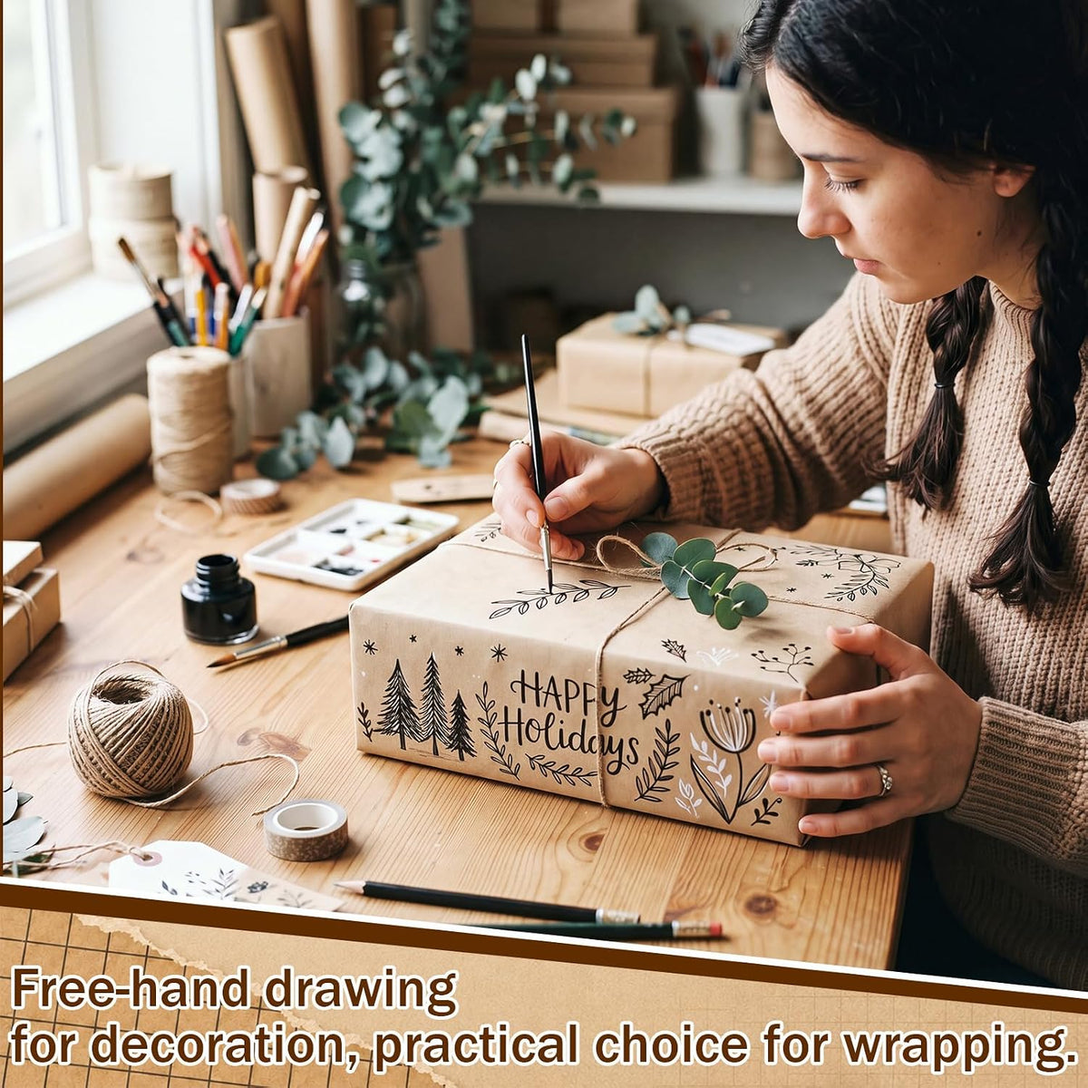 36'' x 30 ft Brown Kraft Wrapping Paper Roll with 1'' Grid