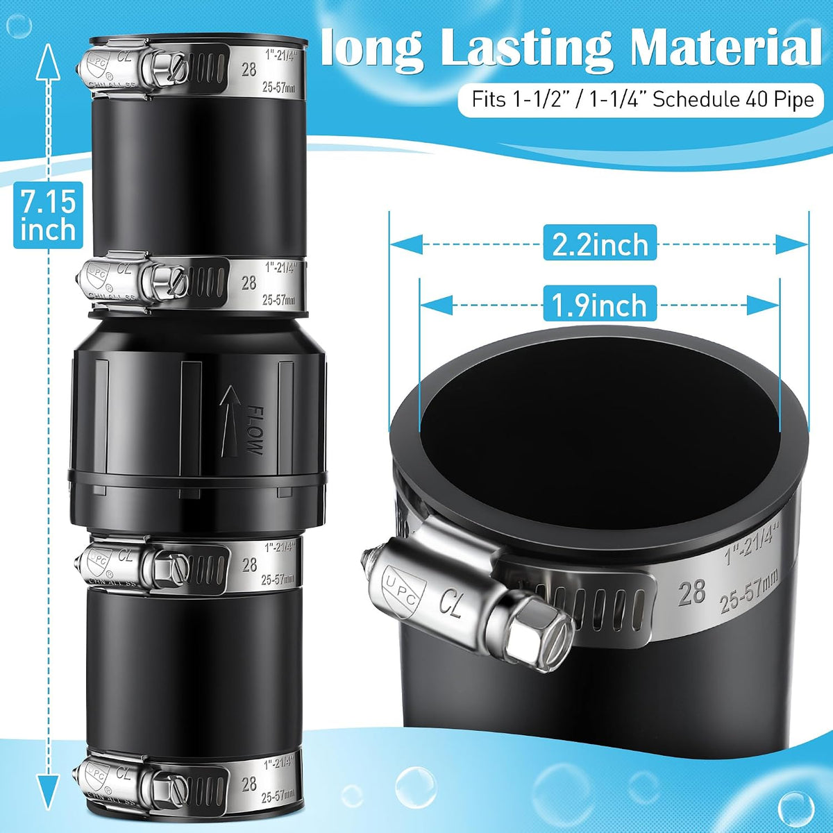 1 Pack Sump Pump Check Valve Fit 1-1/2 inch and 1-1/4 inch Pipe | Slip On Check Valve with 4 Pcs Stainless Steel Hose