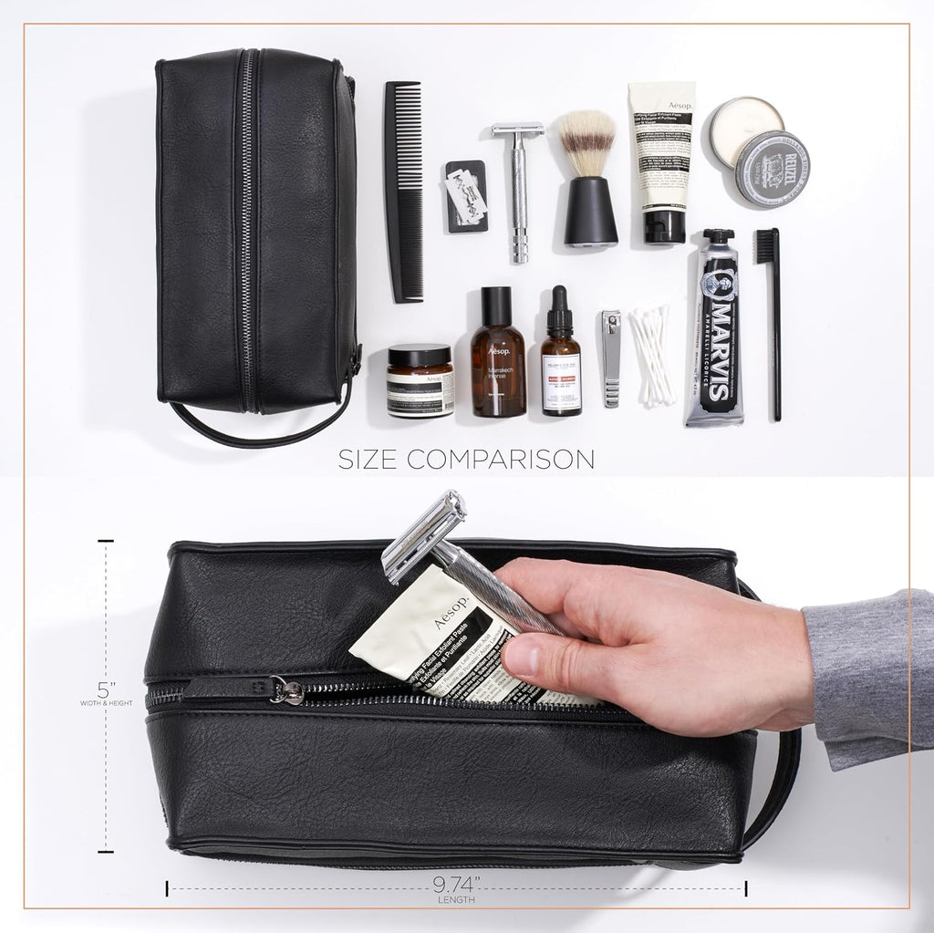 Mens Leather Toiletry Bag – Travel Dopp Kit, Shaving Bag, Grooming & Hygiene Organizer, Leather Toiletry Bag for Men
