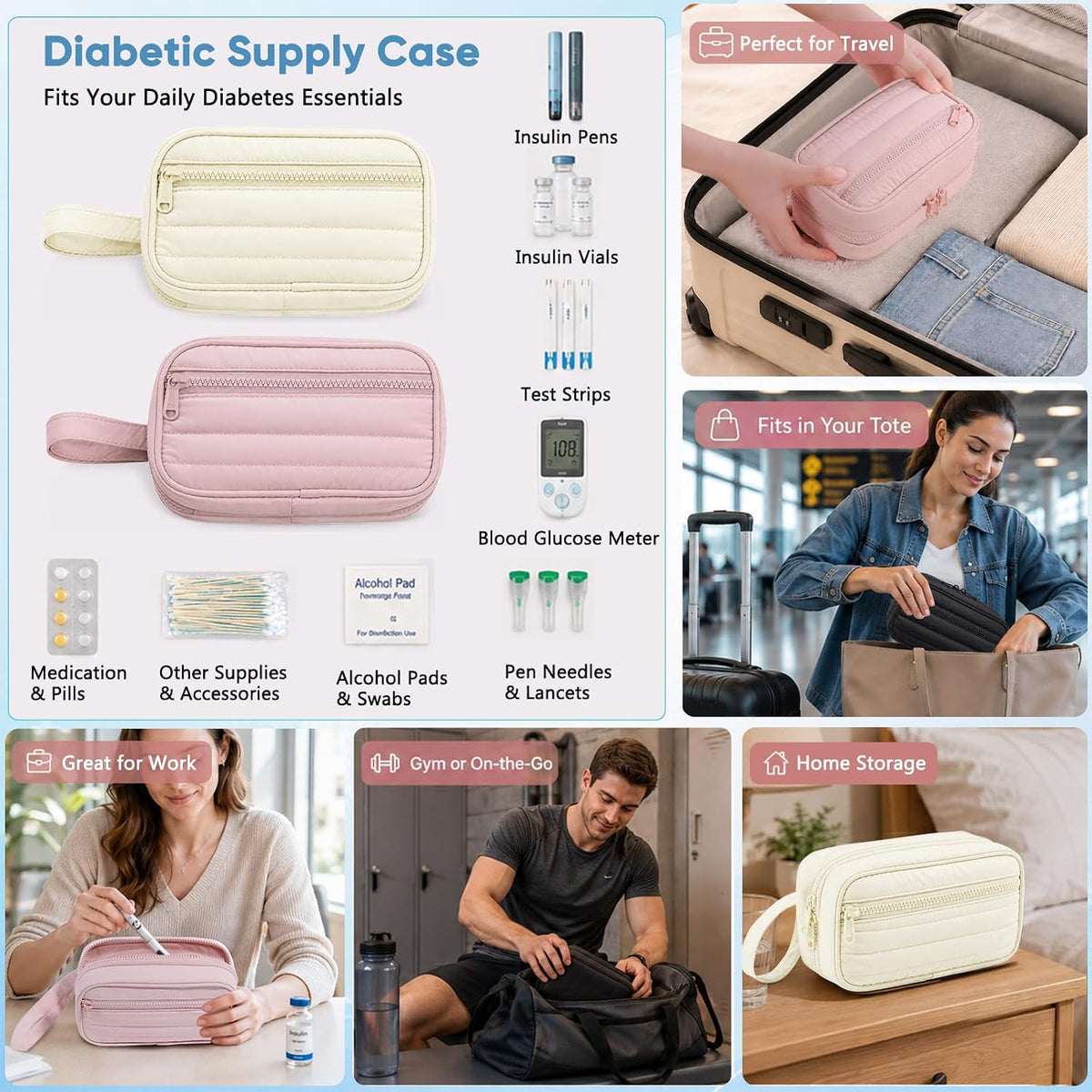 Insulin Cooler Travel Case, Puffy Diabetes Supplies Bag with Insulated Cooling Compartment, Double Layer Diabetic