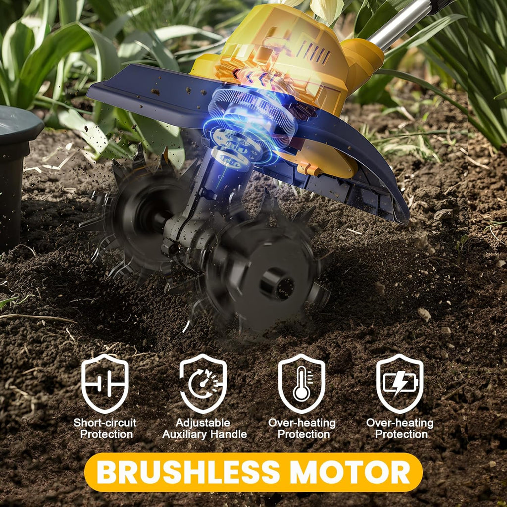 Cordless Garden Tiller Cultivator Compatible with Dewalt 20V/60V Battery | 250RPM Electric Rototiller with Brushless