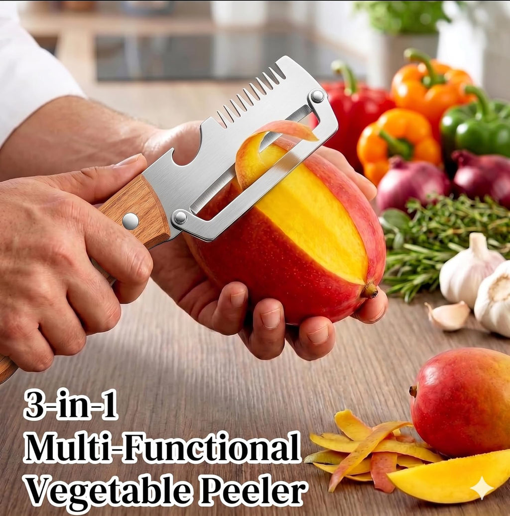 2Pcs Multifunctional Vegetable Peeler with Wooden Handle, Odorless Stainless Steel Peeler, 2-in-1 and 3-in-1 Kitchen