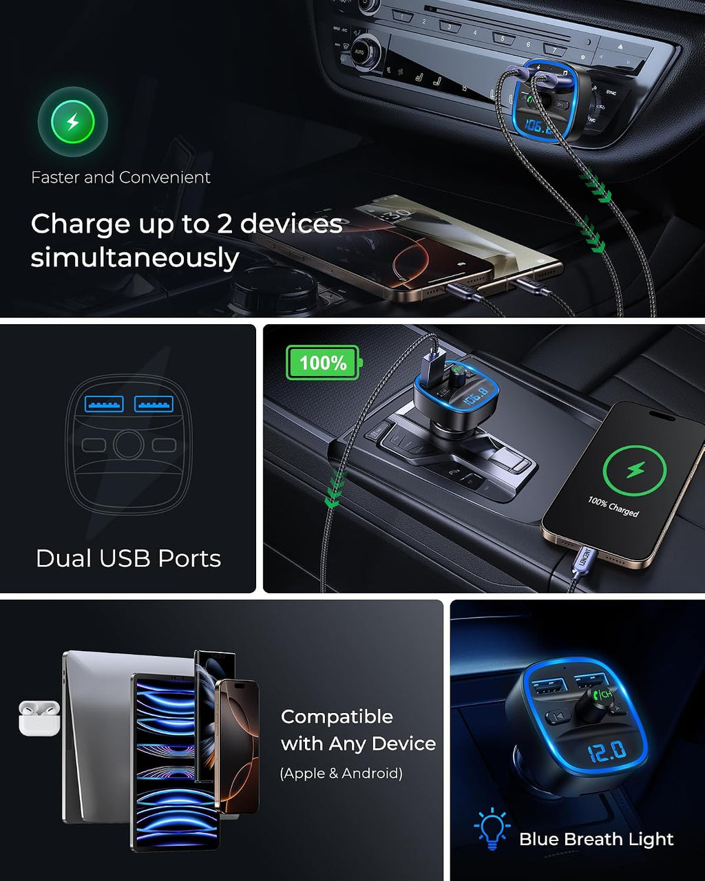FM Transmitter, Bluetooth FM Transmitter Wireless Radio Adapter Car | Dual USB Charging, Audio Receiver Car Charger