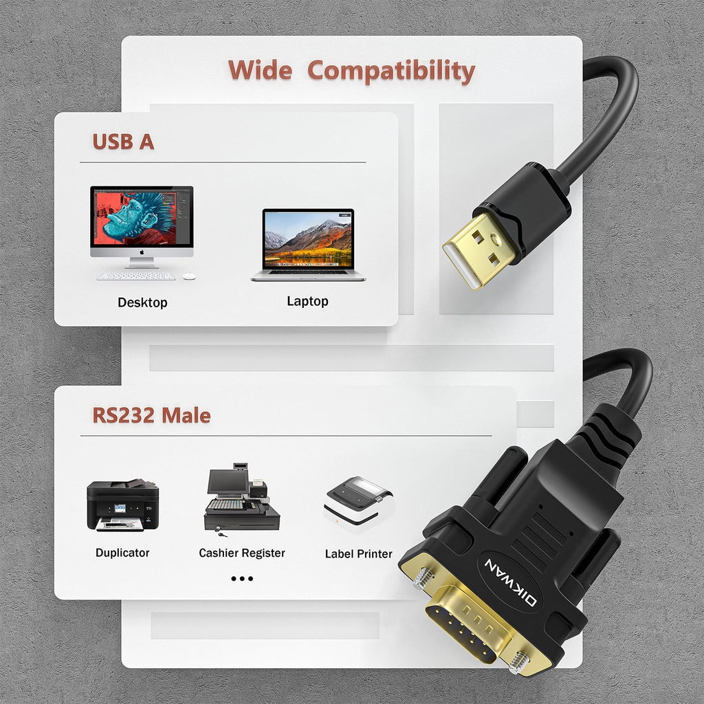 USB to RS232, USB Serial Adapter with FTDI Chipset,USB 2.0 to Male DB9 Serial Cable for Windows 11,10, 8, 7, Vista, XP, 2000, Linux and Mac OS(6ft)…