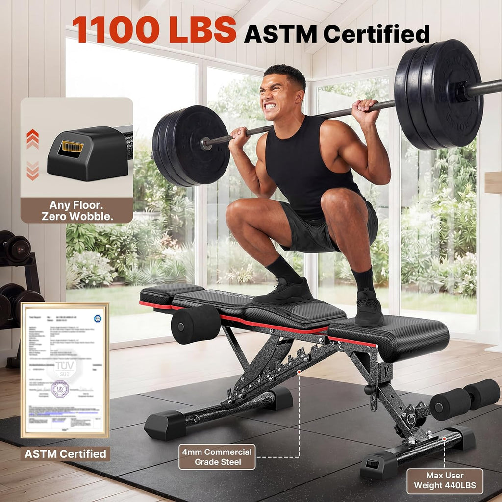 Adjustable Weight Bench with Bench Press Stand, Foldable Workout Bench with Extended Head/Elbow Pad(for Users up to 7')